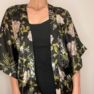 Black Floral Satin Kimono